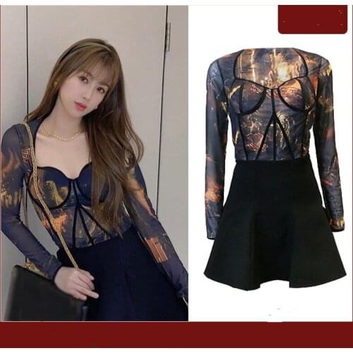 Kpop Korean Celebrity Streetwear Sexy Slim Long sleeve T-shirts Tops + Fashion Black Loose High Waist Skirt Women two piece set