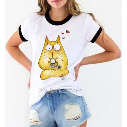 Cute cat and mouse print t-shirt women funny t shirts harajuku kawaii top women’s summer clothing 2019 tumblr tshirt plus size