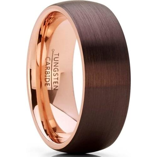 Customize Tungsten Rings for Men Wedding Engagement Band Brushed Rose Gold with Coffee Brown Color Dome Finished - No Stock
