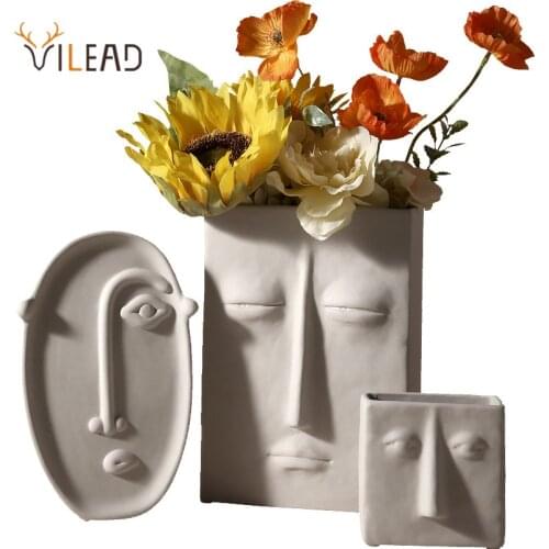 VILEAD Ceramic Art Face Dried Flower Vase Figurines Nordic Creative Flowerpot Desk Decor Figurines For Interior Home Decoration