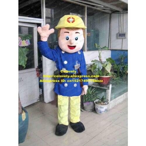 Truckman Fire Man Sam Fireman Mascot Costume With Blue Coat Yellow Pants Fire Suit Mascotte Adult Party Suit No.122 Free Ship