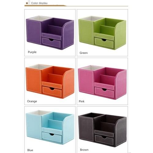 Leather Desktop Stationery Organizer with Small Drawer , Pen Pencil Holder Remote Control Caddy Storage Box