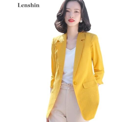 Lenshin Women Elegant Fashion Candy Color Jacket with Pockets Blazer Slim Single Button Office Lady Simple Style Thin Outwear