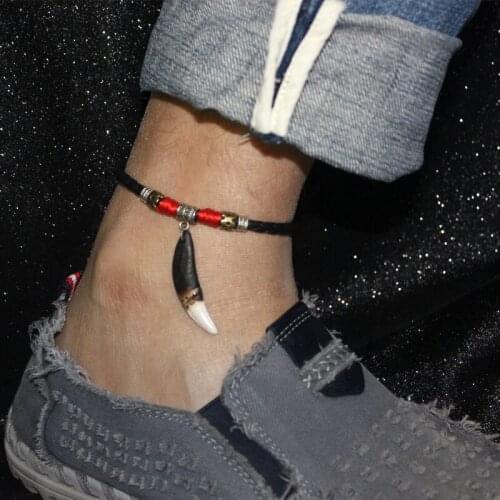 Men Anklets Wolf teeth Pendant Ethnic Style Hand knitted cotton rope Anklets Fashion