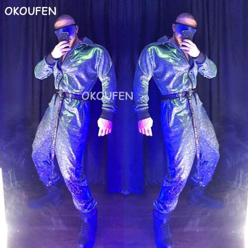Mens nightclub bar ds dj Stage performance clothes colorful blue and green one-piece tooling