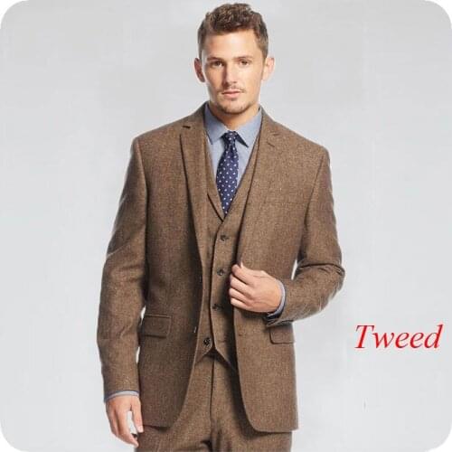 Brown Tweed Men Suits Slim Fit Groom Tuxedos Notched Lapel 3 Pieces (Jacket+Pants+Vest) Business Dinner Prom Suits Costume Homme