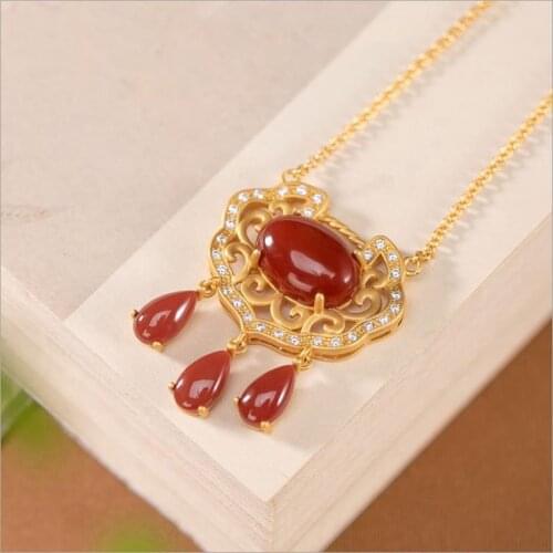 Natural south red tourmaline tassel Pendant Necklace Chinas Retro palace style hollowed out luxury noble womens silver jewelry