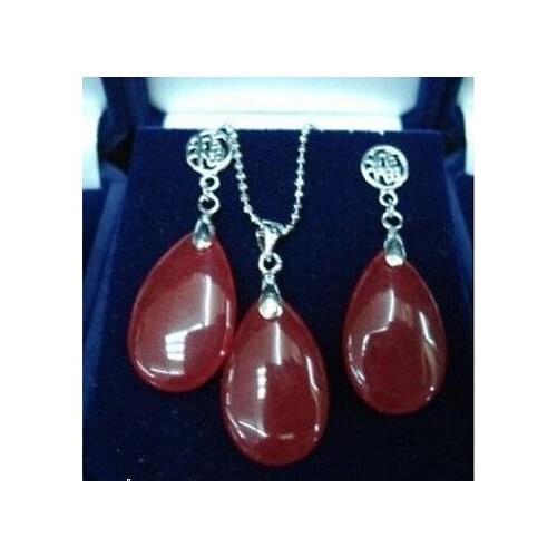 Natural Set Jewelry red teardrop jade pendant earring +Chain AAA style 100% Natural jade