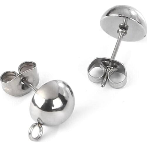 20pcs/lot Stainless Steel Stud Earrings Settings Bases Circle solid Half Ball with Loop Slide Earrings Post DIY Findings 8MM