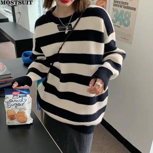 Oversized Thicken Striped Knitted Pullover Sweater Women Full Sleeve O-neck Tops Casual Loose Streetwear Warm Female Jumper 2021
