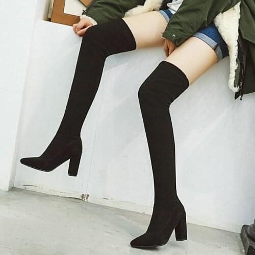 High Stretch Womens Shoes Over the Knee Boots Microfiber Suede Autumn and Winter Ladies High Boots Thick Heel Slim Socks Boots
