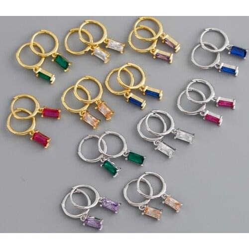 925 Sterling Silver Earring Fashion Geometric rectangle zircon Short Pendant Flower Drop Earring Cute Trend Woman Girl Ear Jewel