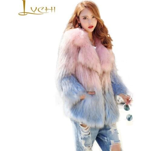 LVCHI Winter 2019 Real Fur Coats Slim Raccoon Dog Fur Coat Womens Contrast Color Turn-Down Collar Medium Raccoon Dog Fur Coats