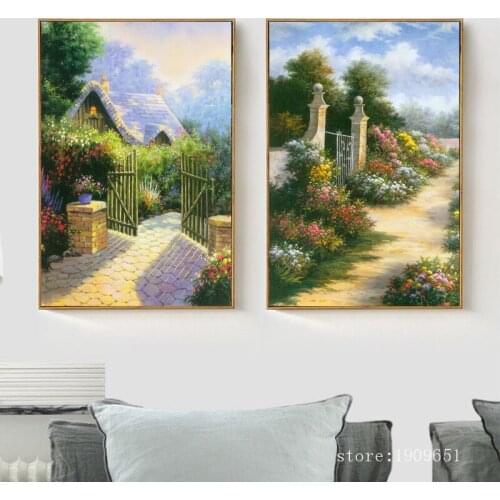 Mediterranean green tree flower house landscape canvas printings oil painting printed on cotton wall art decoration pictures