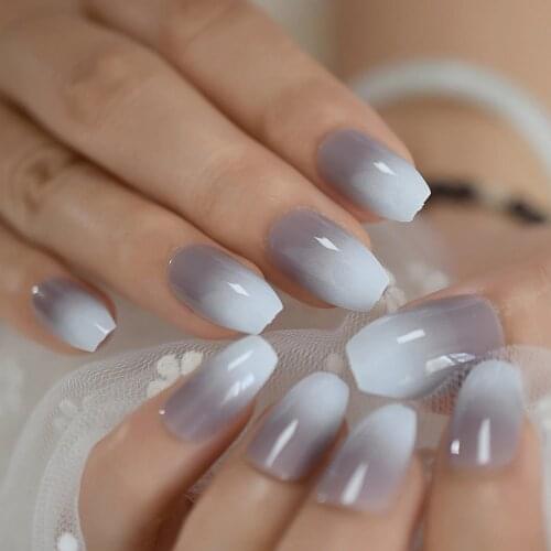 Dark Cream Nails Ombre French Tips Medium Size Ballerina Fake Nails Flat Top Grey Designed Finished Manicture Tip 24pcs