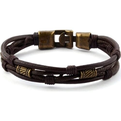 Vintage Braided Leather Bracelet Men Charm Gold Silver Color Warp Braslet For Homme Hip Hop Jewelry Handmade Multilayer Braclet