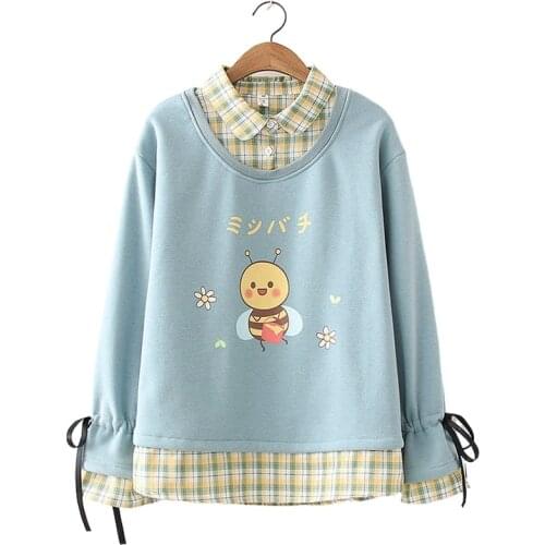 Casual Fleece Fake 2 Piece Sweatshirt Women Autumn Winter New Cute Bee Print Long Sleeve Sweet Pullover Plus Velvet Top 2011336