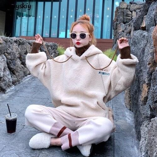 Women 2 Piece Sets Autumn Winter Thick Warm Woolen Blends Big Pockets Womens Pullover Loose Trousers Harem Chic Korean Kpop Soft