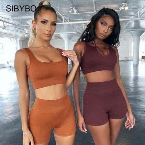 Sibybo 2 Piece Set Seamless Fitness Suit Women Sport Bra Top Leggings Sets 2021 Summer Female Ribbed Slim Active Wear Gym Set
