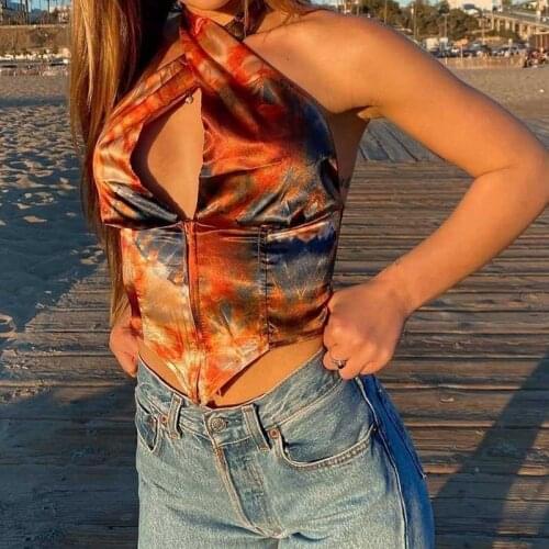 Trendy Printed Cross Halter Neck Vest Women Summer Stylish Sexy Backless Tie-Dye Irregular Hem Zipper Exposed Navel Tank Tops