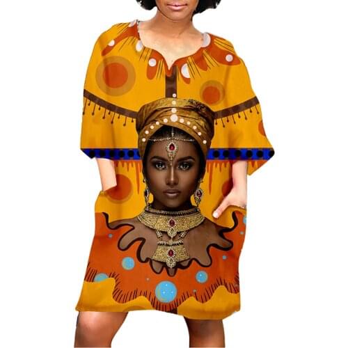 Women Fashion African Vintage Print Dress Middle Sleeve V Neck Dress Pocket Casual Mini Dress Sukienki Damskie #G3