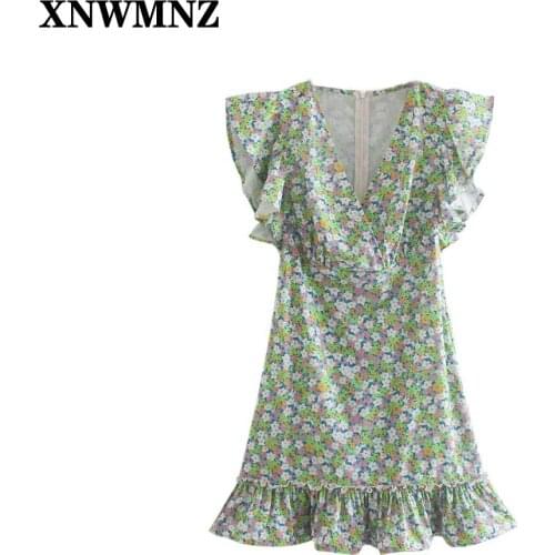 XNWMNZ Women Sweet Fashion Floral Print Ruffled Mini Dress New V Neck Sleeveless Elastic waist Zipper Female Dresses Vestidos