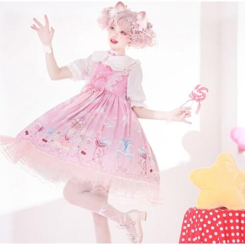 Lolita Dress Women Summer Jsk Sling Vintage Lace Ruffle Party Kawaii Sweet Cute Girl Bow Cartoon Print Midi Strap Dress Vestidos