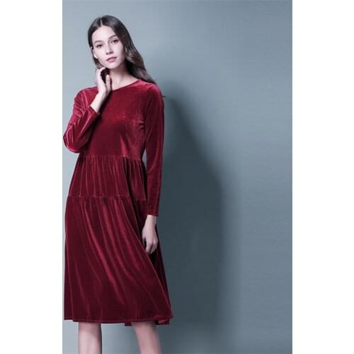 Large size midi pleated velvet dress women 2020 autumn Elegant dress Green black wine 10 Colors casual full sleeve dress m-8xl