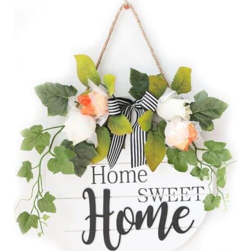 1 Pcs Wooden Round Door Sign Board Decor Hanging Front Door Sign With Artificial Flower Decoration DIY Wall Art Sign Board