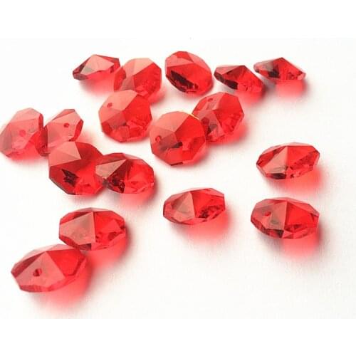 200pcs Red 14MM Octagonal Bead Chandelier Crystal Prism Hanging Pendant Part Curtain DIY Accessories Window Decor Party Ornament