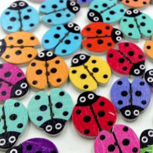50 Pcs/Set Wood Sewing Button Cartoon Ladybug Color Mixed Two Holes Kids Scrapbooking DIY Decorations 18 mmX16 mm
