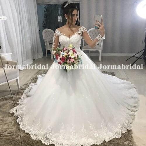 White Shiny Sequins Ball Gown Wedding Dress With Long Sleeves Illusion Scoop Neckline Glitter Tulle Sparkly Bride Wedding Gowns
