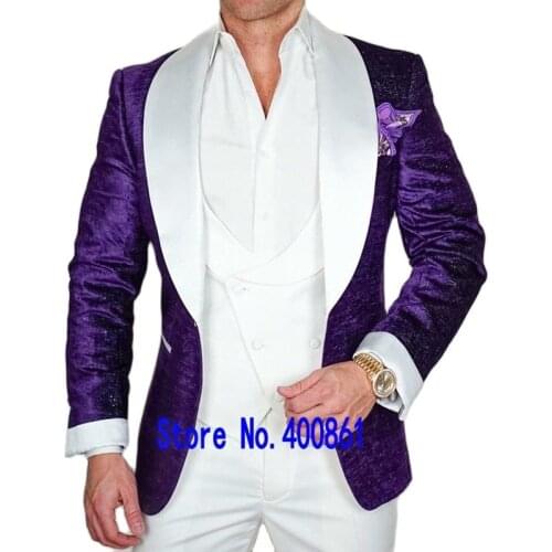 Shiny Purple Mens Evening Dress Toast Business Suits Groom Tuxedos Coat Waistcoat Trousers Sets (Jacket+Pants+Vest+Tie) W:286