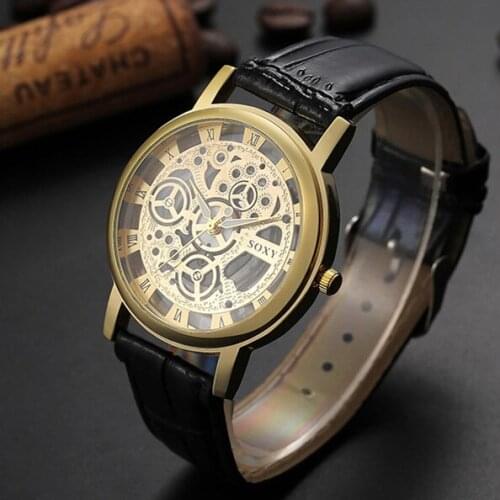 Men Watches Hollow Dial Leather Strap Watch Mens Quartz Casual Wristwatch relogio masculino Clock