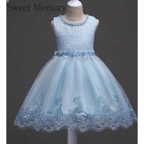Children Robes White Purple Pink Blue Flower Girl Dresses 2021 O-Neck Embroidery Lace Wedding Gown Kids Party Dress Sweet Memory