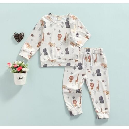 Baby Toddler Long Sleeve Tops + Trousers Set Animal Cartoon Print Classic Round Neck T-shirt and Elastic Waist Long Pants Outfit