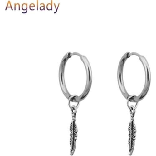 Hip Hop Kpop Boy Leaf Titanium Feather Pendant Hoop Drop Earrings Korean Jewelry JUL3