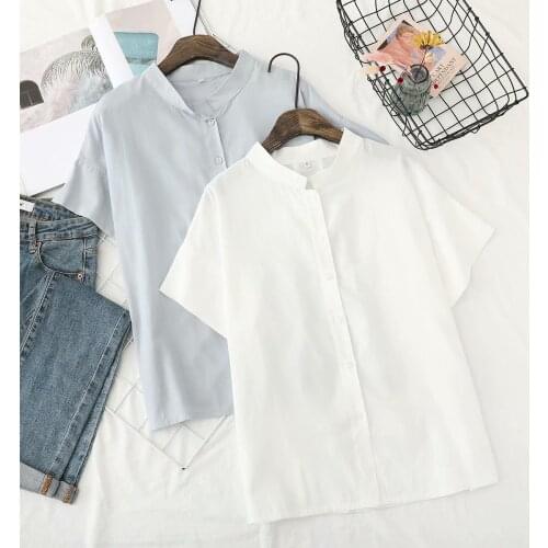 Retro blue cotton and linen shirt women 2021 summer new Korean version of literature and art fan loose short-sleeved all-match s