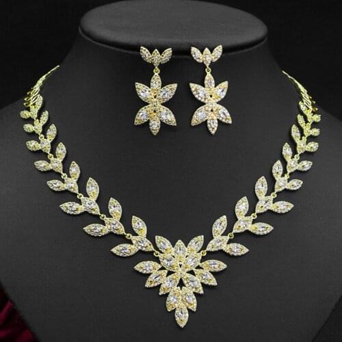 HIBRIDE Hot Selling AAA Cubic Zirconia 2pcs Jewelry Set Fashion Leaf Design Pendant Necklace and Earring Sets For Woman N-817