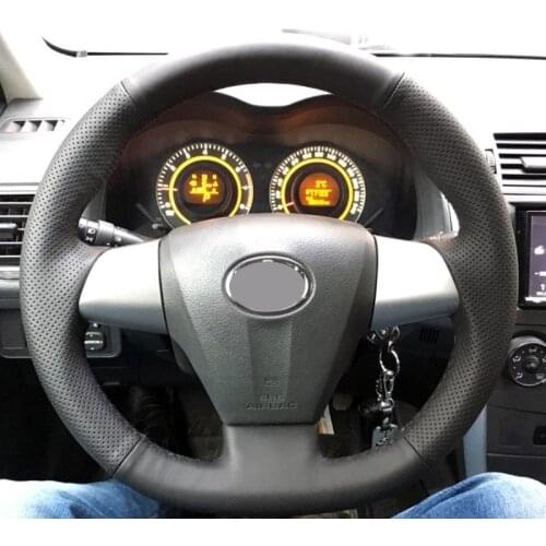 LUNDA Black Leather Hand-stitched Car Steering Wheel Cover for Toyota Corolla 2011 2012 2013 RAV4 2011 2012
