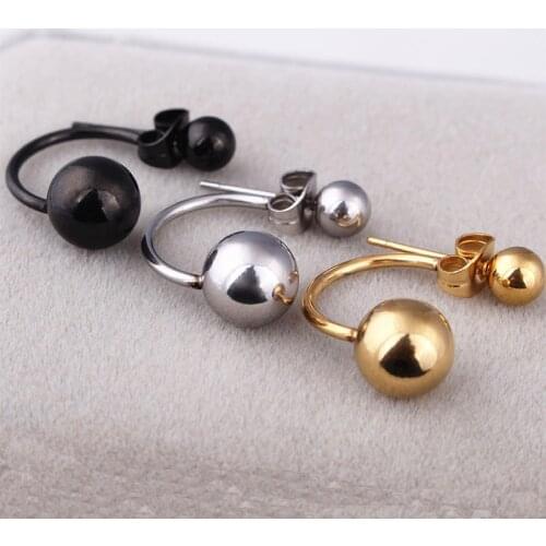 Fashion Women Punk Double Round Balls Ear Studs Color Gold Black Stainless Steel Two Balls Sides Hook Stud Earrings Jewelry