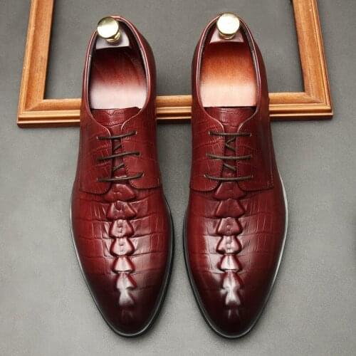 Large Size EUR45 Black / Wine Red Crocodile Grain Mens Business Dress Shoes Genuine Leather Wedding Shoes