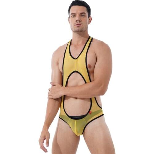 Men Skinny Sheer Mesh Cutout Bodysuit Sleeveless Stretchy Bulge Pouch Sexy Jumpsuit Workout Fitness Wrestling Singlet Teddies