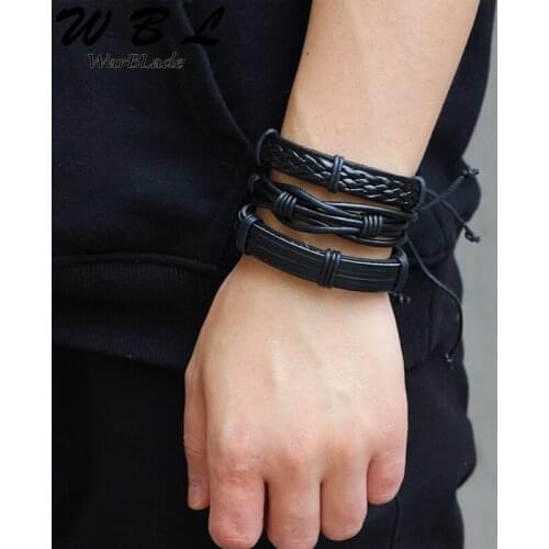 WBL Black Genuine Leather Men Bracelet Vintage Charm Braided Bracelets Bangle Punk Wrap Wristband 6pcs/Set For Male Jewelry