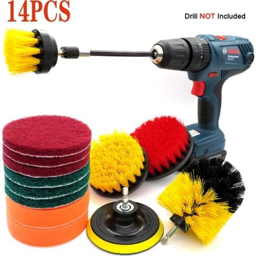 14Pcs Electric Drill Brush Set, Scrub Pads & Sponge, Power Scrubber Brush Cleaning Kit with Scrub Pads & Drill bit Extender