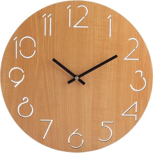 NHBR-Creative Wall Clock Living Room Minimalist Modern Home Round Personality Silent Solid Wood Fashion Light Brown