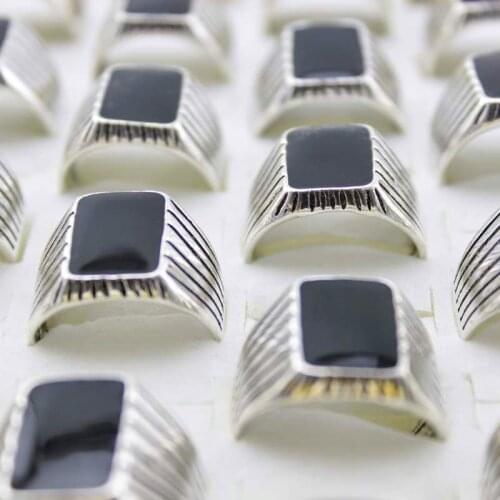New Black Stone Ring 10 Pieces Mix Size Rings For Men Wholesale Antique Silver Plated Fashion Rings For Party