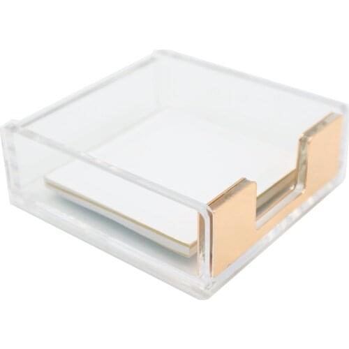 Acrylic Gold Self Stick Memo Pad Holder 5mm Super Thick Notes Card Cube Dispenser Case Golden for Office Home Desk Organizer