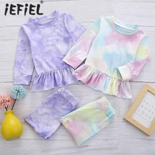 Autumn Toddler Baby Girls Tie Dye Pajamas Sets Long Sleeve Ruffled T-shirt Tops +Pants Trousers Girls Clothing Sleepwear Pajama