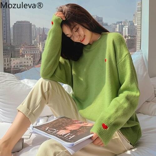 Mozuleva 2020 Autumn Winter Long Sleeve Warm Knitted Pullover Sweater O-neck Female Loose Oversize Printed Cute Heart Sweater